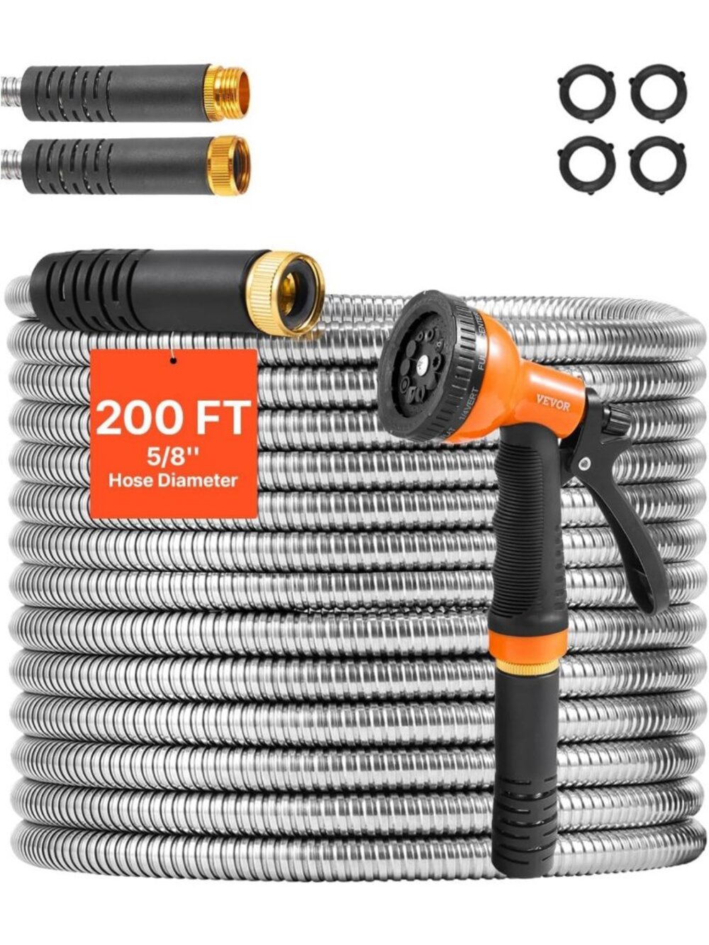 VEVOR Metal Garden Hose 200 ft, Heavy Duty Stainless Steel Water Hose with